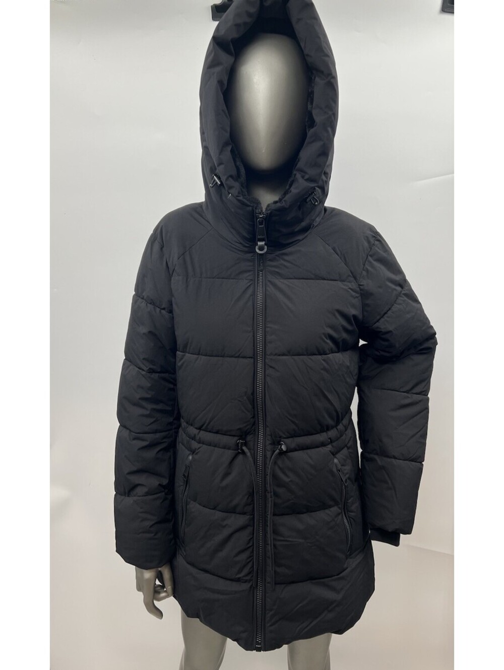 NWOT Women’s DKNY Long Puffer Parka Lined Hooded Jacket Black Size S